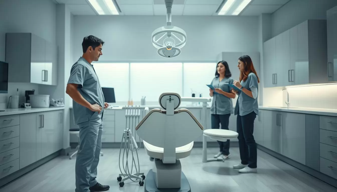 Dental team reviewing chair positioning for orthodontic and hygiene room setup